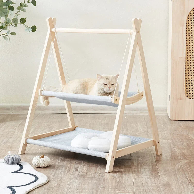 Double Layer Solid Rectangle Cat Swing Bed Natural Pine Wood Hanging Hammock All-Season Breathable Elevated Moisture-Proof Pet