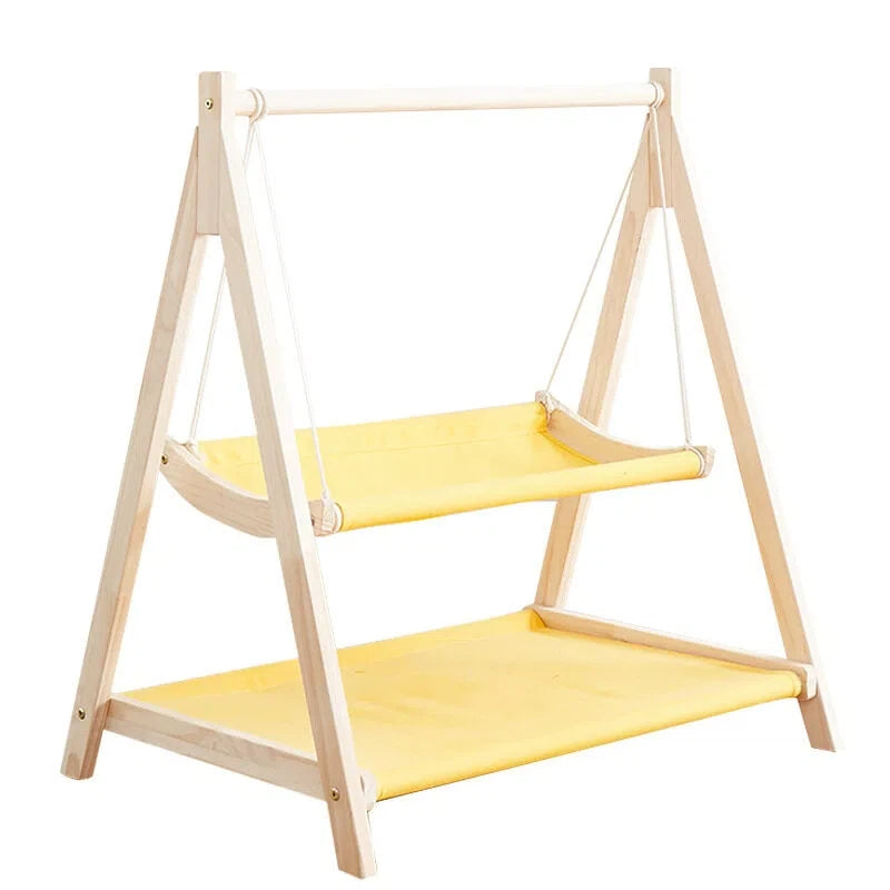 Double Layer Solid Rectangle Cat Swing Bed Natural Pine Wood Hanging Hammock All-Season Breathable Elevated Moisture-Proof Pet