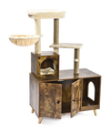 Indoor Wooden Cat Furniture Cabinet Multi Platform Hidden Litter Box Enclosure Fence Integrated Cat Tree Tower for Home Pet Use