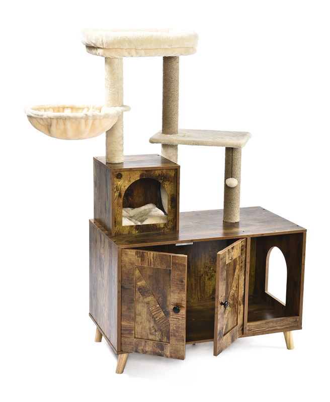 Indoor Wooden Cat Furniture Cabinet Multi Platform Hidden Litter Box Enclosure Fence Integrated Cat Tree Tower for Home Pet Use
