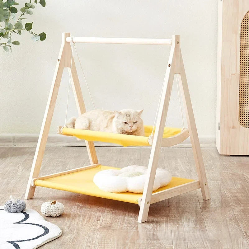 Double Layer Solid Rectangle Cat Swing Bed Natural Pine Wood Hanging Hammock All-Season Breathable Elevated Moisture-Proof Pet