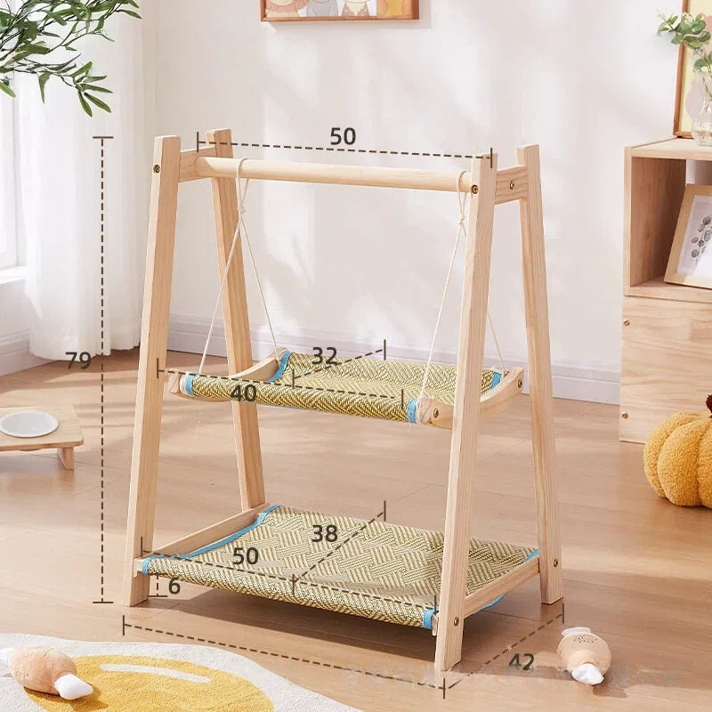 Double Layer Solid Rectangle Cat Swing Bed Natural Pine Wood Hanging Hammock All-Season Breathable Elevated Moisture-Proof Pet
