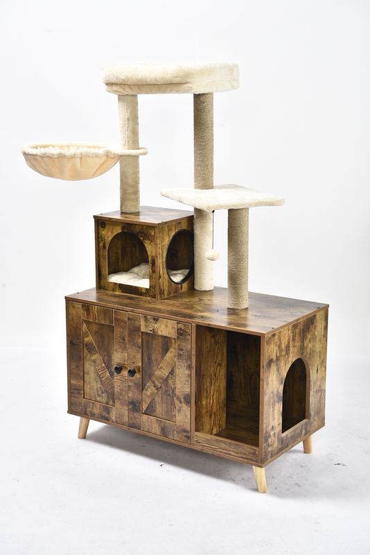 Indoor Wooden Cat Furniture Cabinet Multi Platform Hidden Litter Box Enclosure Fence Integrated Cat Tree Tower for Home Pet Use